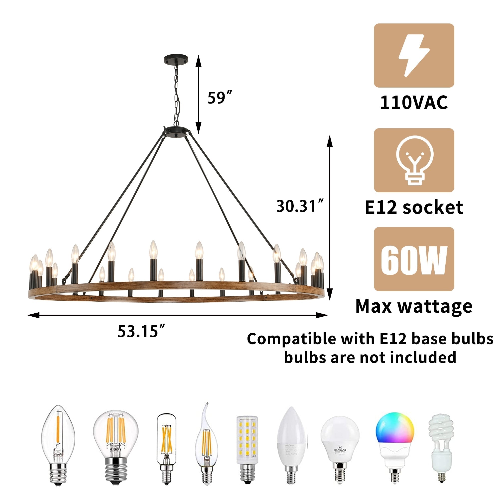 Lustre rond à 24 lumières en forme de roue de chariot de 54 pouces