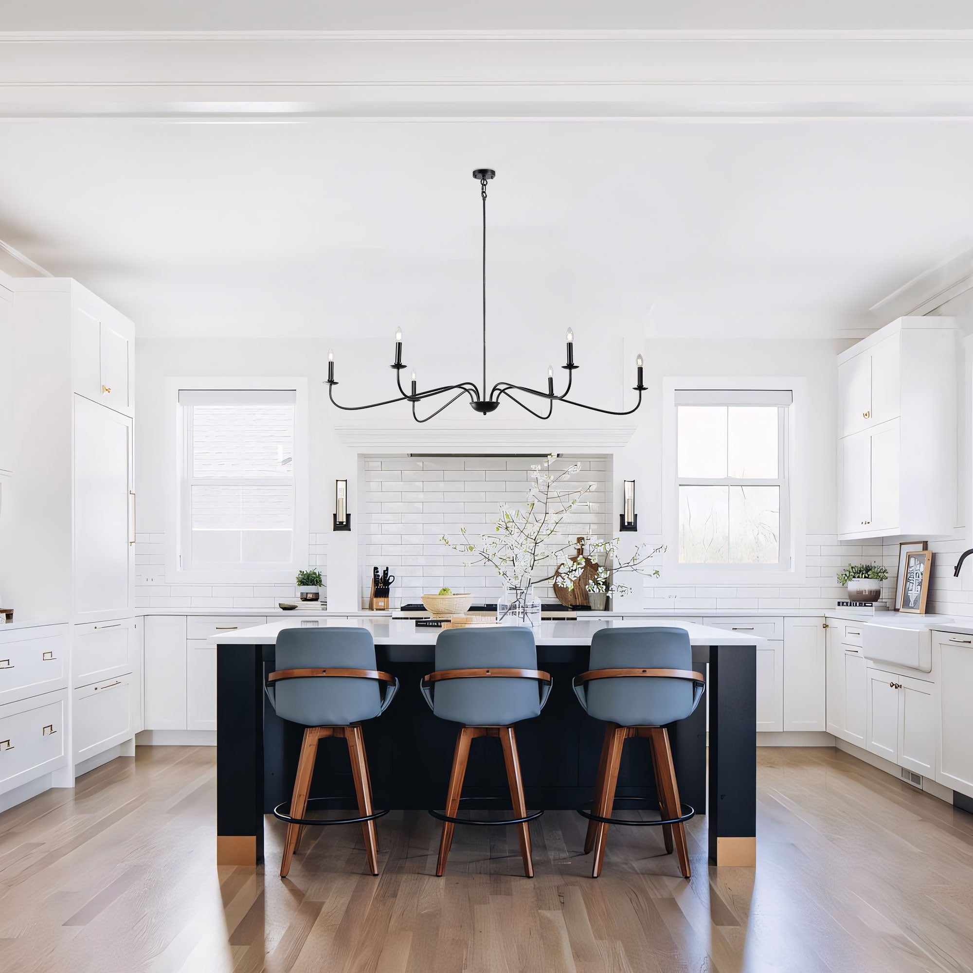 Lustre minimaliste à 6 lumières de 64 pouces, noir mat, or et chrome - N/A