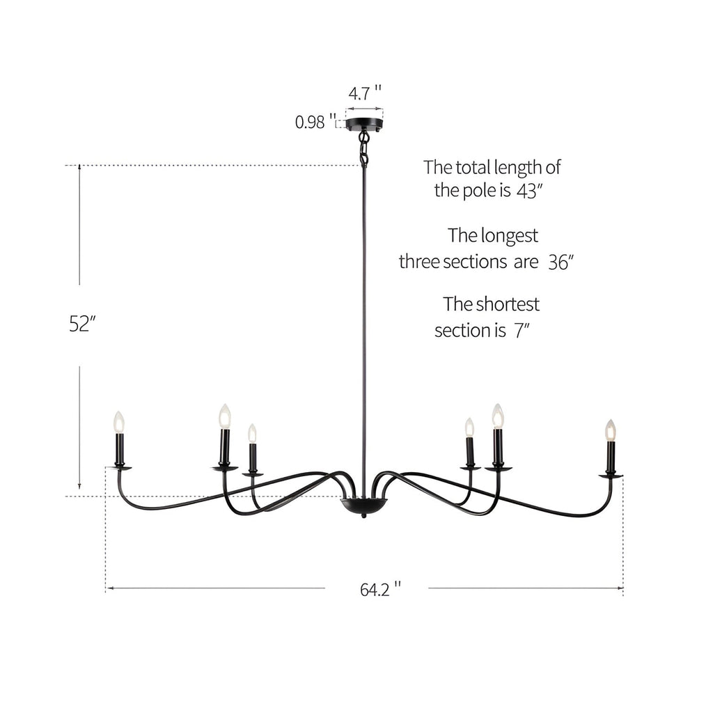 Lustre minimaliste à 6 lumières de 64 pouces, noir mat, or et chrome - N/A