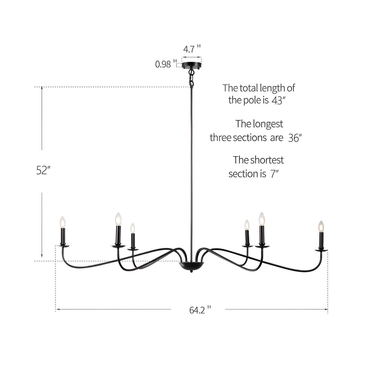 Lustre minimaliste à 6 lumières de 64 pouces, noir mat, or et chrome - N/A