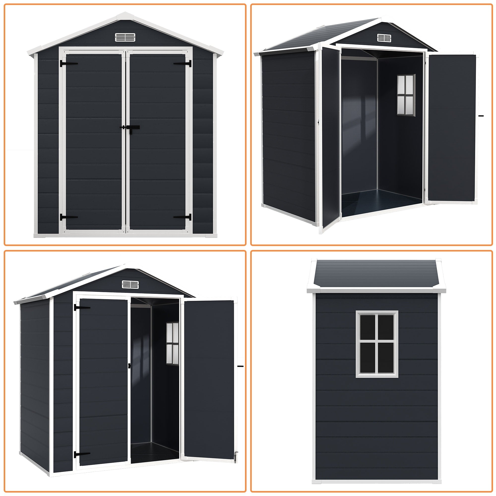 Abri de rangement extérieur en plastique et résine toutes saisons de 6 pi x 4 pi/6 pi x 8 pi/8 pi x 6 pi/8 pi x 10 pi avec plancher, abri à outils Spire