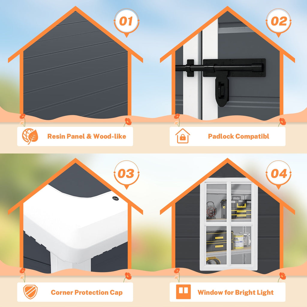 Abri de rangement extérieur en plastique et résine toutes saisons de 6 pi x 4 pi/6 pi x 8 pi/8 pi x 6 pi/8 pi x 10 pi avec plancher, abri à outils Spire