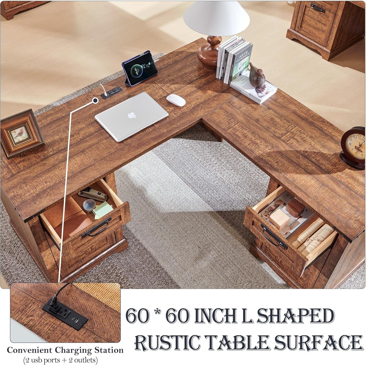 Bureau de direction en L de style ferme, bureau d'angle en bois, bureau d'ordinateur