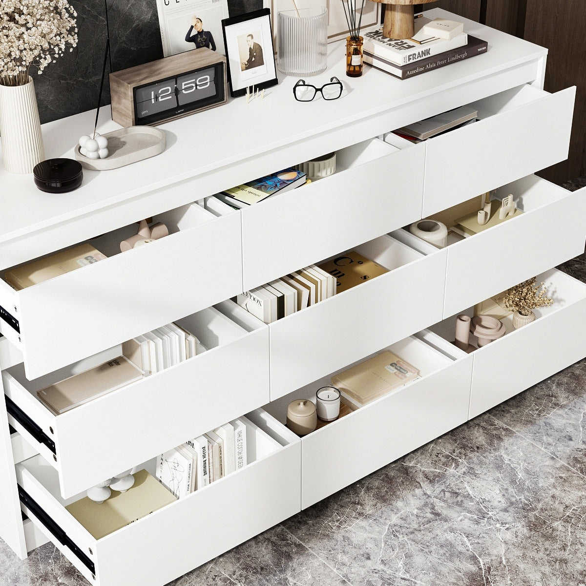 Commode d'appoint à 9 tiroirs 63W pour salon, chambre à coucher