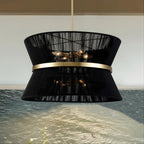 Lustre tambour bohème moderne à 8 lumières, grand format, 61 cm, en tissu tissé à la main, couleur or/noir, pour salle à manger/salon