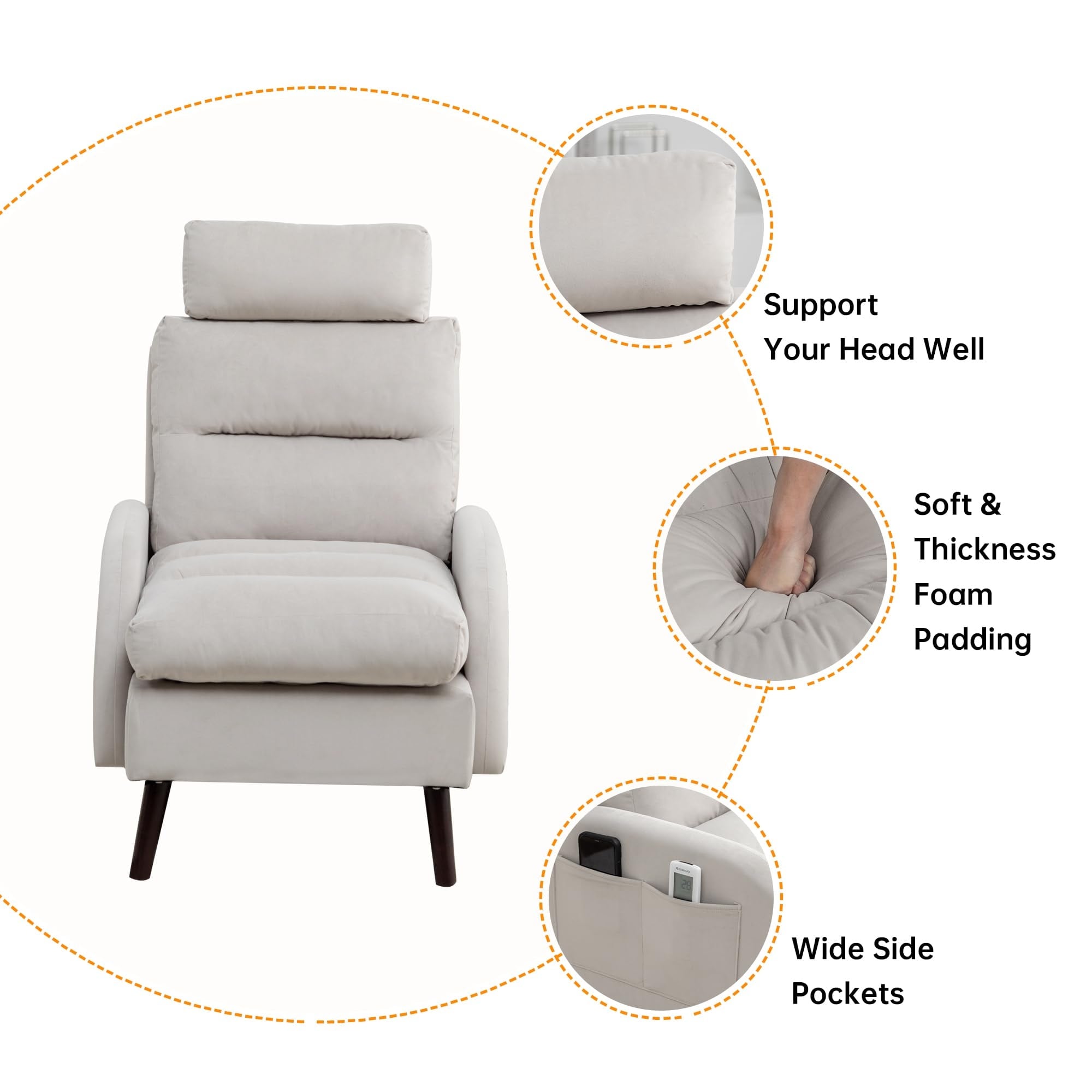 Fauteuil d'appoint HOMYKA avec dossier réglable et pouf de rangement