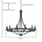 Lustre Empire à 12 lumières de style ferme moderne Fidenza avec roue de chariot et UL - D40'' * H135''