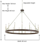 Lustre Acroma Farmhouse à 12 lumières, 40 po, en forme de roue de chariot, certifié UL - 40 po P x 138 po H