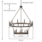 Lustre rond en forme de roue de chariot de style ferme moderne Acroma à 20 lumières de 40 po avec UL