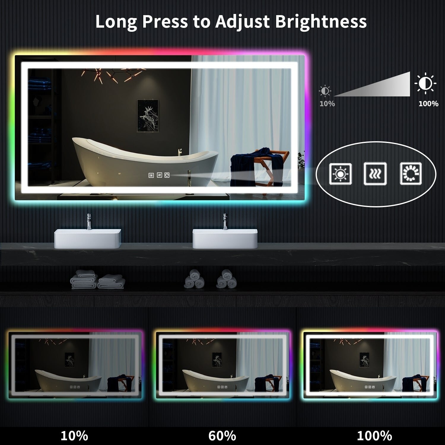 Miroir de salle de bain antibuée rétroéclairé RVB et à éclairage frontal LED