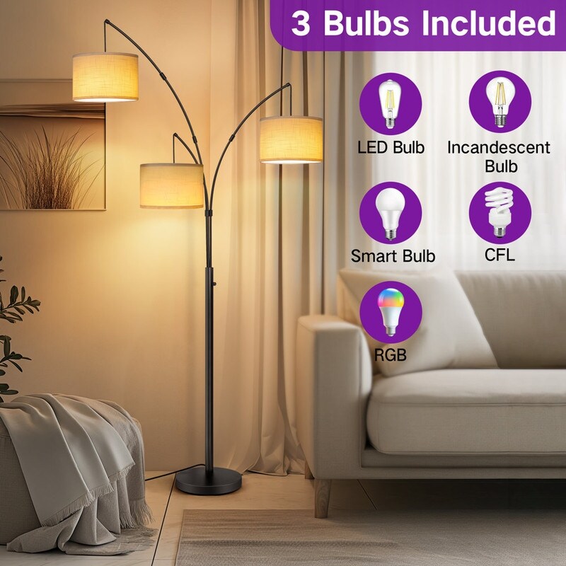 Lampadaire LED Arc à intensité variable, moderne, noir, 3 lampes, haut et arqué