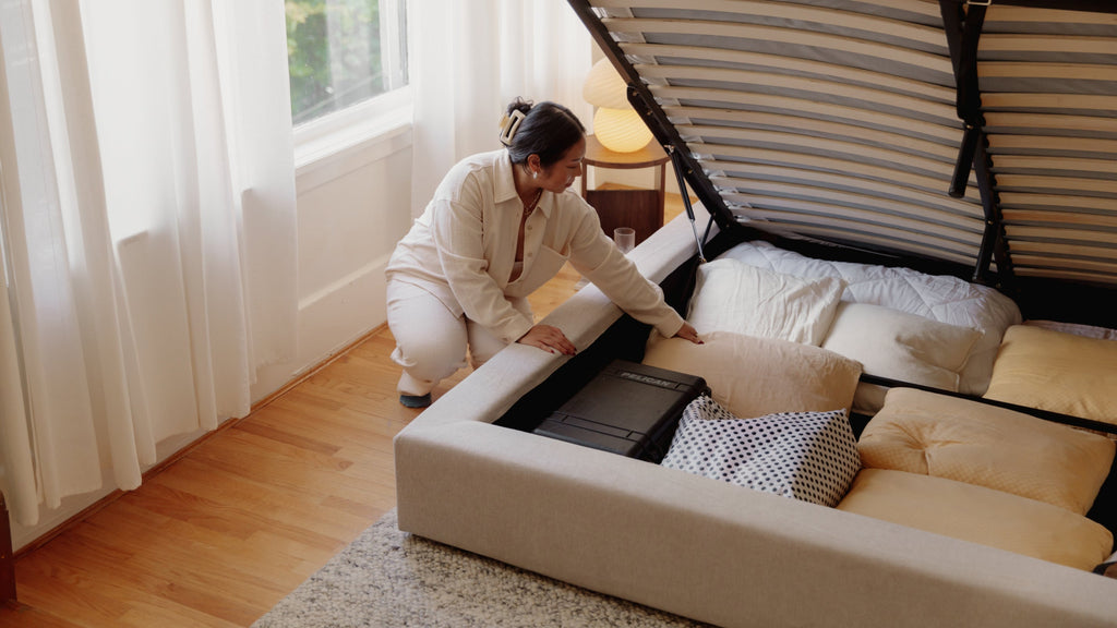 Lit matelassé avec rangement, Queen, Latte