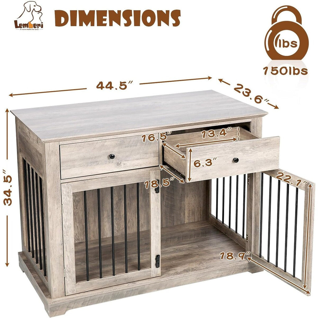 Cage pour chien Bossin de 111 cm de large, table d'appoint en bois avec tiroirs de rangement, niche décorative pour animaux de compagnie.