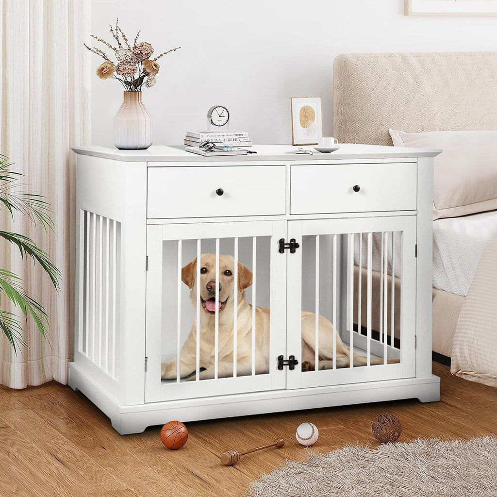 Cage pour chien Bossin de 111 cm de large, table d'appoint en bois avec tiroirs de rangement, niche décorative pour animaux de compagnie.