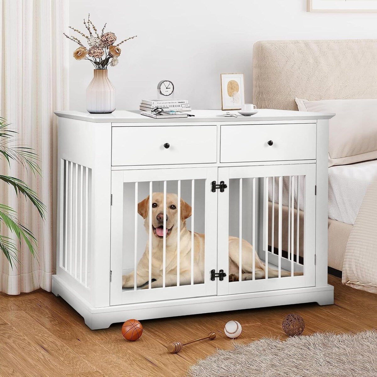 Cage pour chien Bossin de 111 cm de large, table d'appoint en bois avec tiroirs de rangement, niche décorative pour animaux de compagnie.