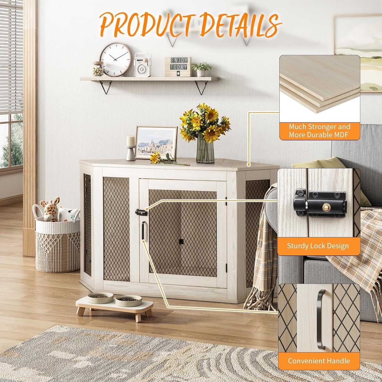 Niche d'angle pour chien Bossin, niche en bois de 44/52 pouces avec filet, niche décorative en bois pour chien, idéale pour l'intérieur