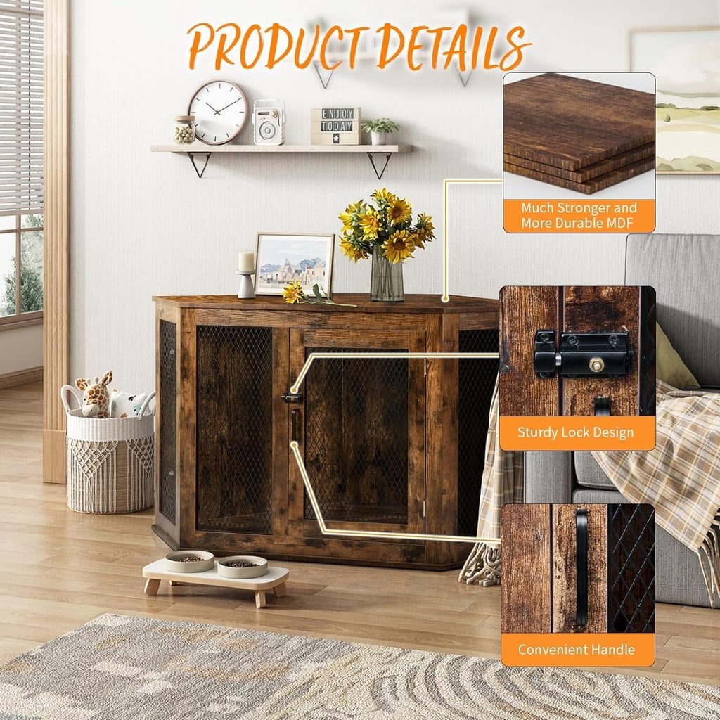 Niche d'angle pour chien Bossin, niche en bois de 44/52 pouces avec filet, niche décorative en bois pour chien, idéale pour l'intérieur