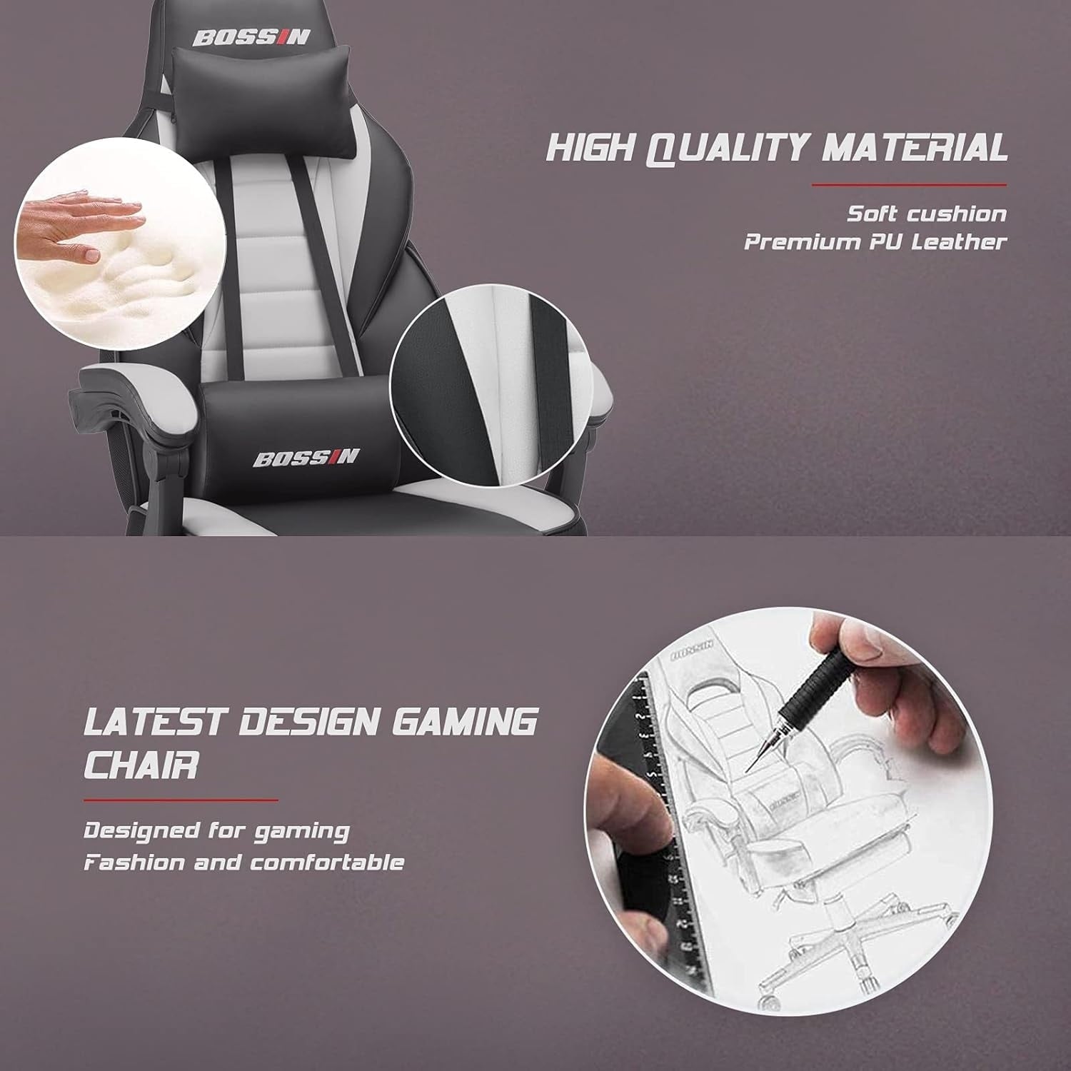 Chaise de jeu de style course BOSSIN, chaise de jeu grande et grande de 300 lb, chaise d'ordinateur à dossier haut