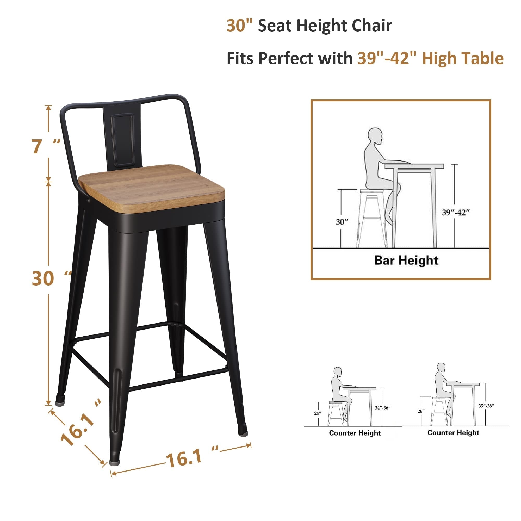 Lot de 4 tabourets de bar industriels en métal avec dossier et assise en bois