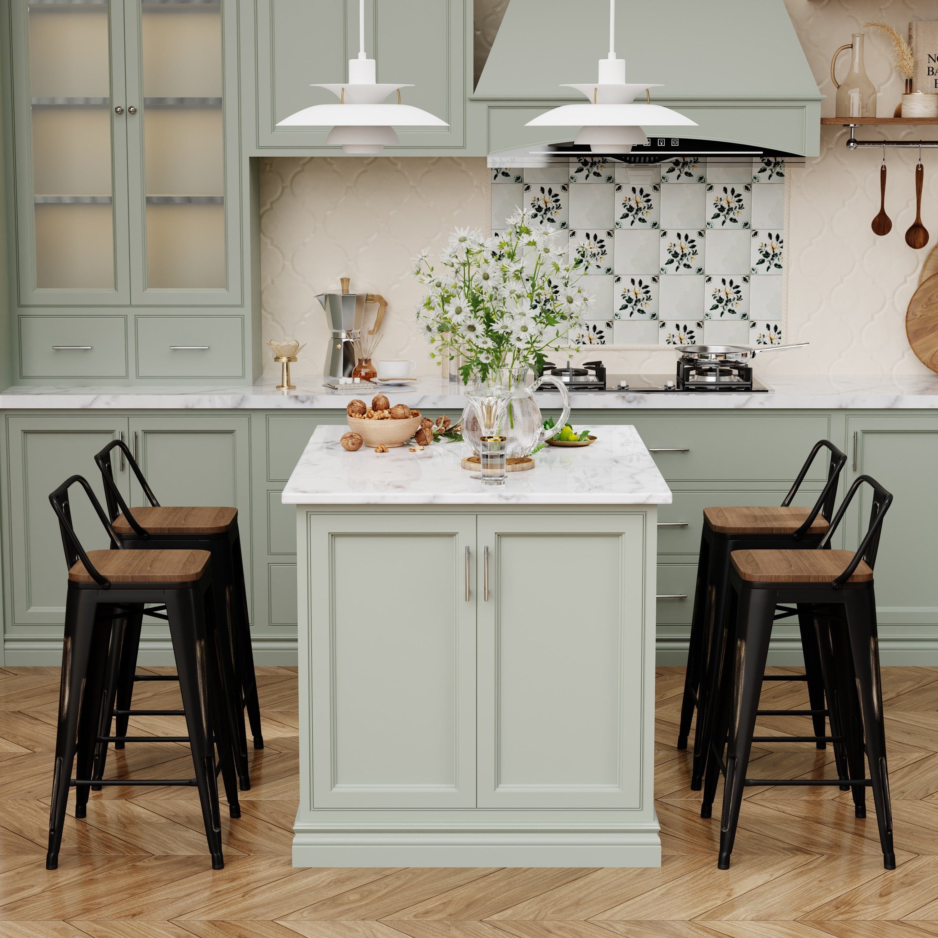 Lot de 4 tabourets de bar industriels en métal avec dossier et assise en bois