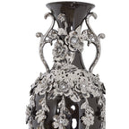 Superbe vase orné de bijoux en forme de fleuron noir et argent de 35 pouces de hauteur