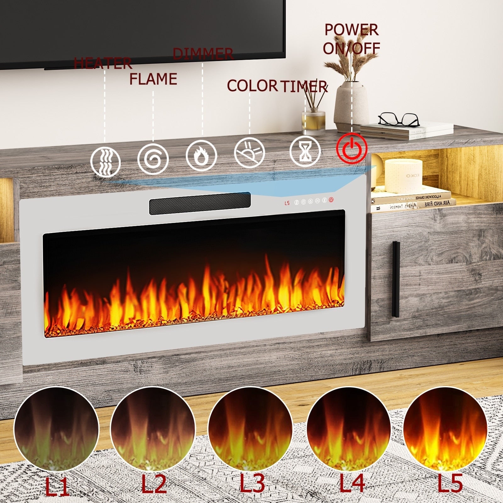 Meuble TV Bossin 70 avec cheminée électrique de 36 pouces, meuble TV pour téléviseurs jusqu'à 80 pouces, éclairage LED 16 couleurs/centre de divertissement