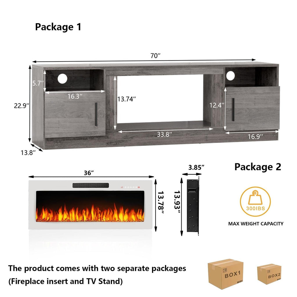Meuble TV Bossin 70 avec cheminée électrique de 36 pouces, meuble TV pour téléviseurs jusqu'à 80 pouces, éclairage LED 16 couleurs/centre de divertissement