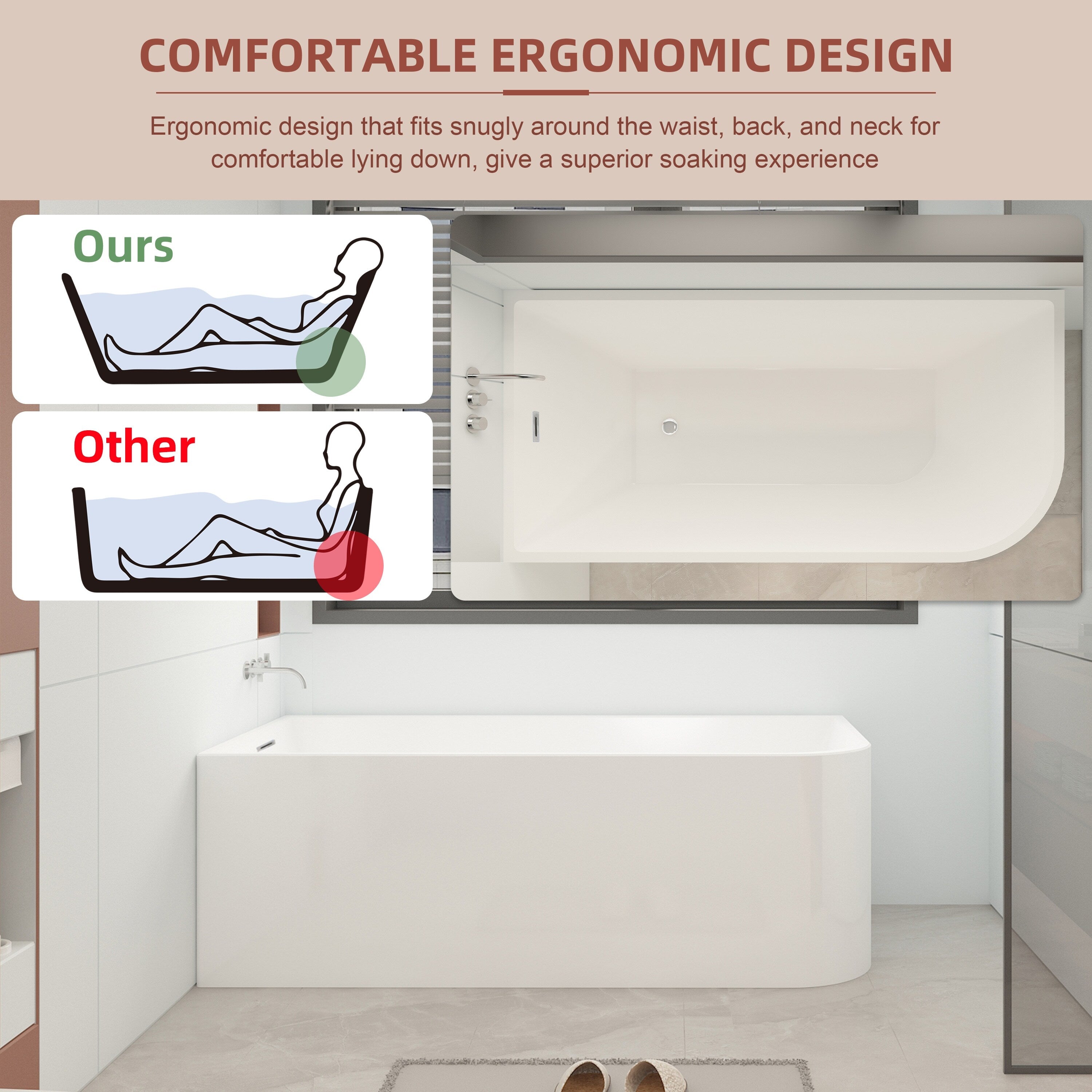 Baignoires autoportantes en acrylique CB HOME 59''/67'', baignoires simples contre le mur, trop-plein gauche/droite