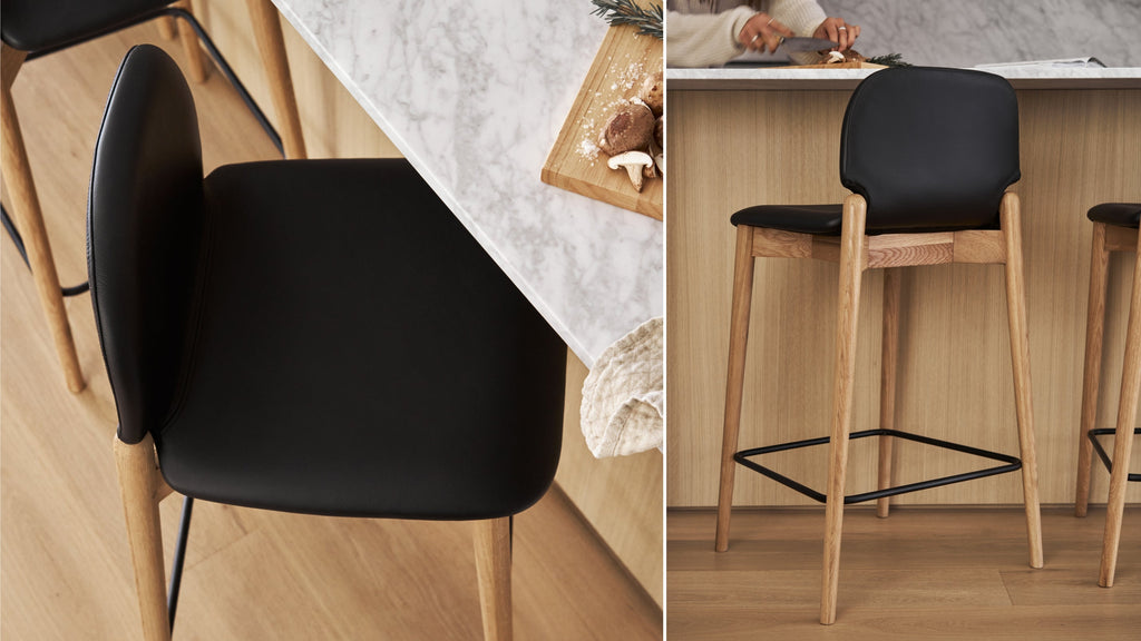 Tabouret de bar pour repas, chêne/cuir noir