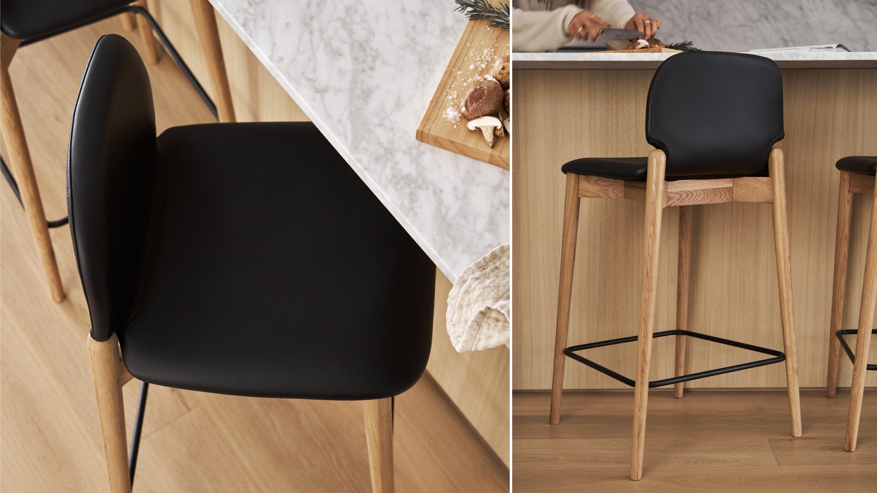 Tabouret de bar pour repas, chêne/cuir noir