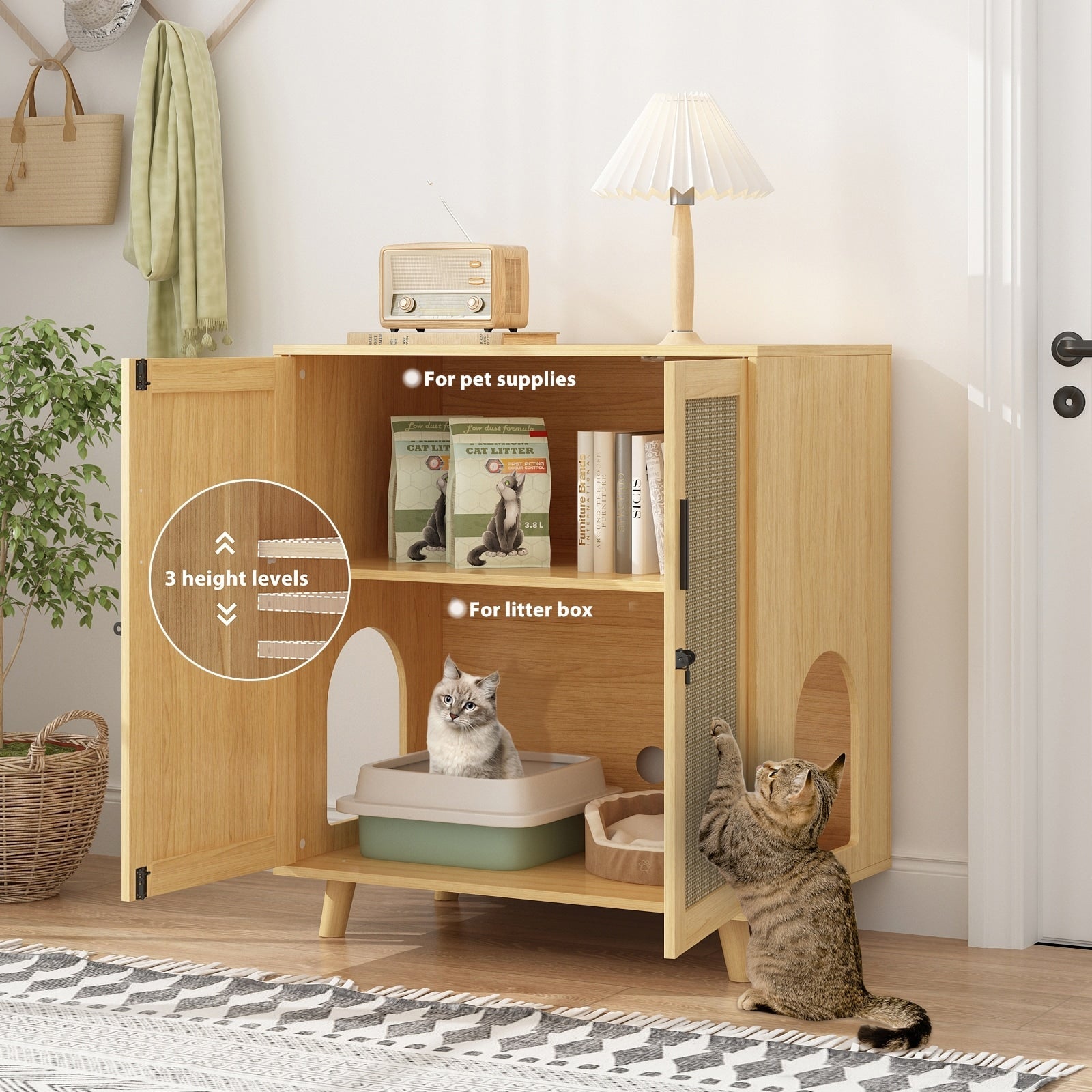 Bac à litière pour chat, maison pour chat, table d'appoint, porte, armoire, bibliothèque