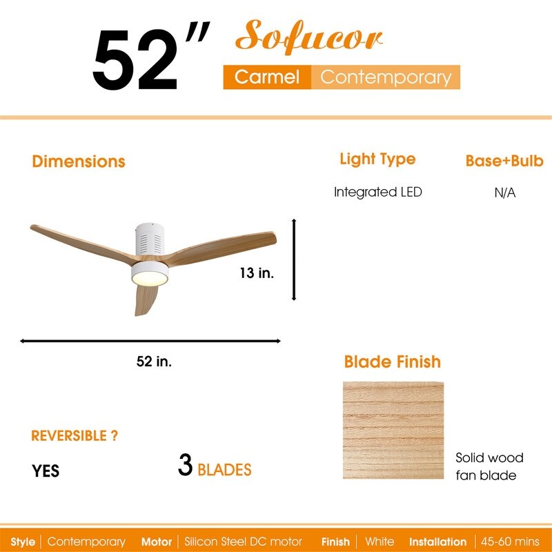 Ventilateur de plafond encastré de style campagnard de 52 pouces avec éclairage et télécommande, moteur CC réversible