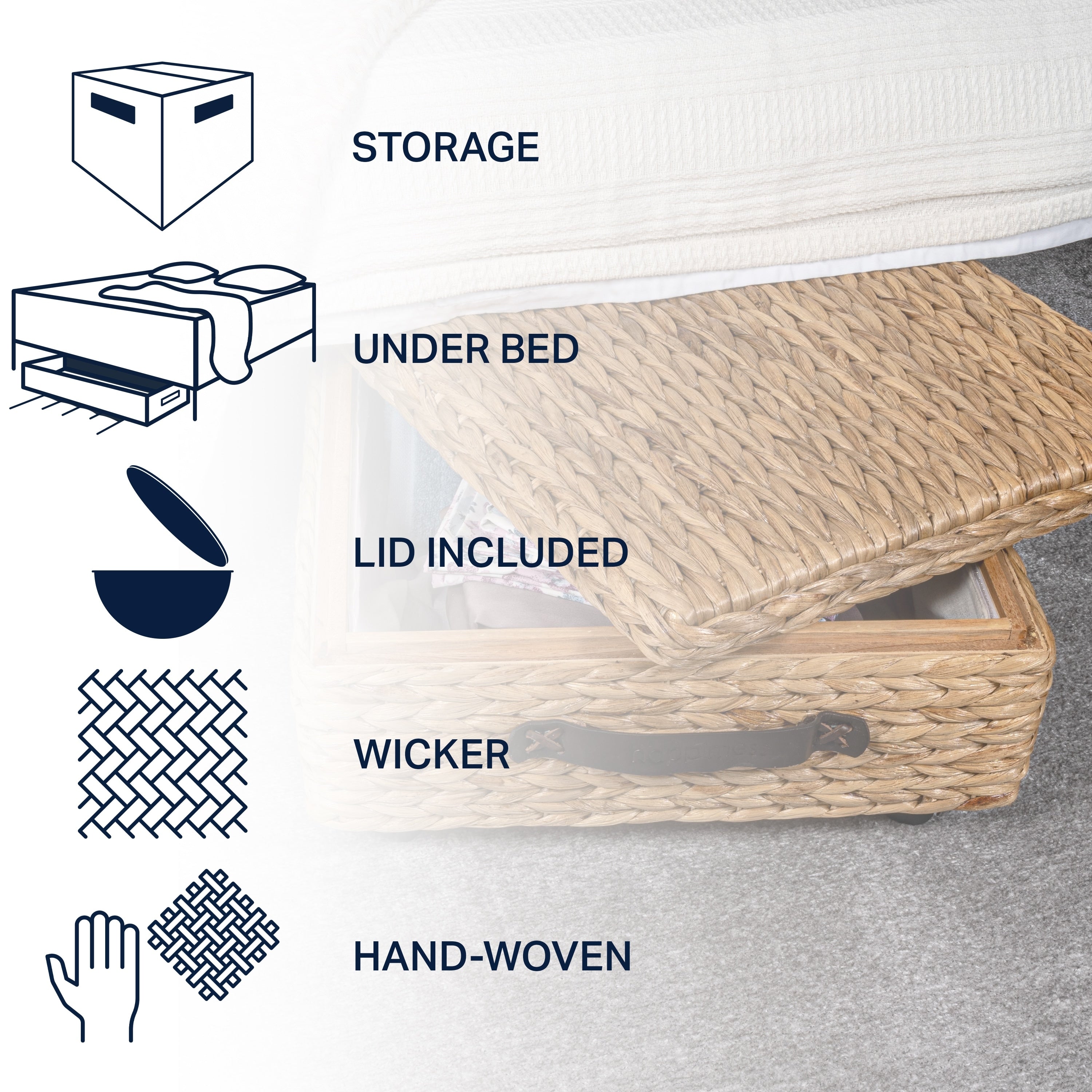 Happimess Bac de rangement sous le lit en jacinthe/bois avec roulettes et poignées