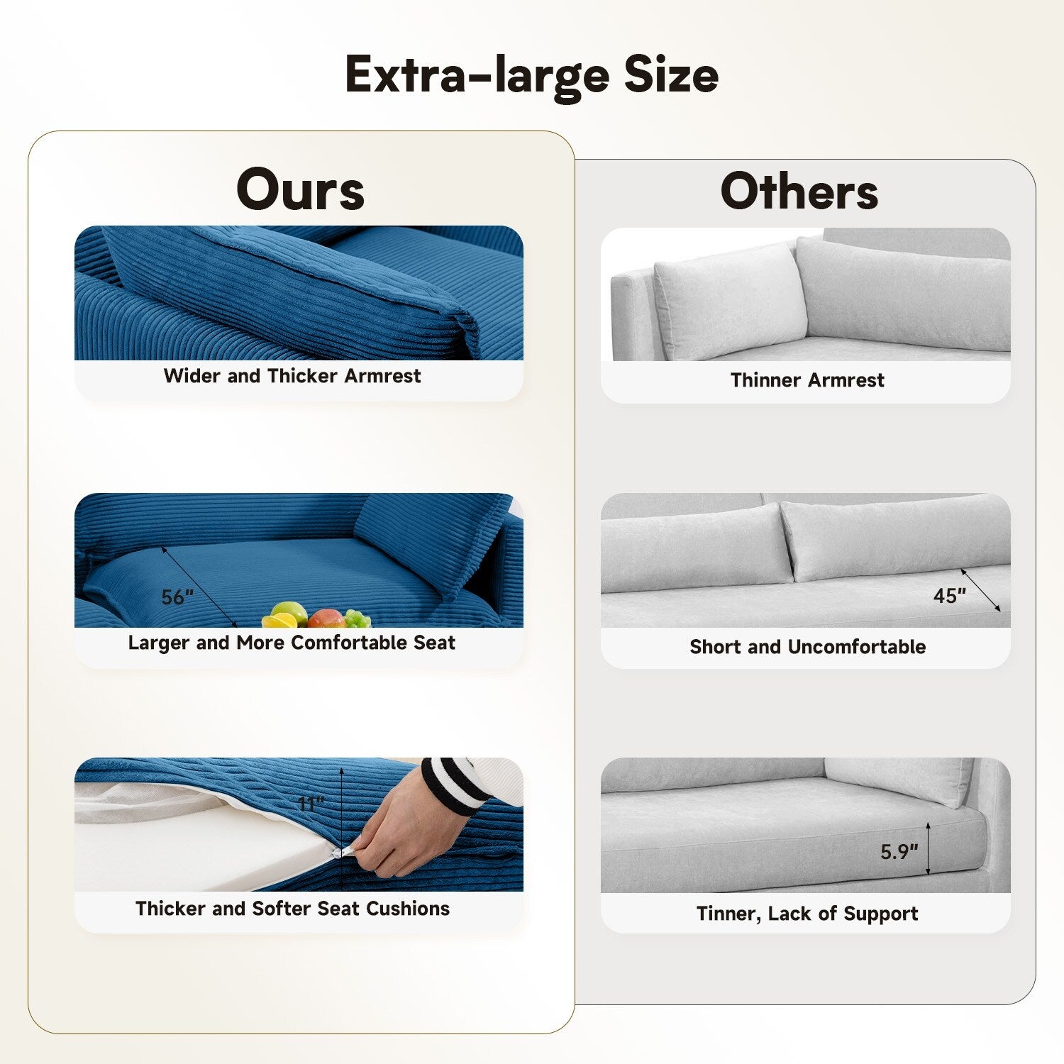 Canapé sectionnel en velours côtelé avec poufs amovibles et coussins ultra-doux pour salon et chambre