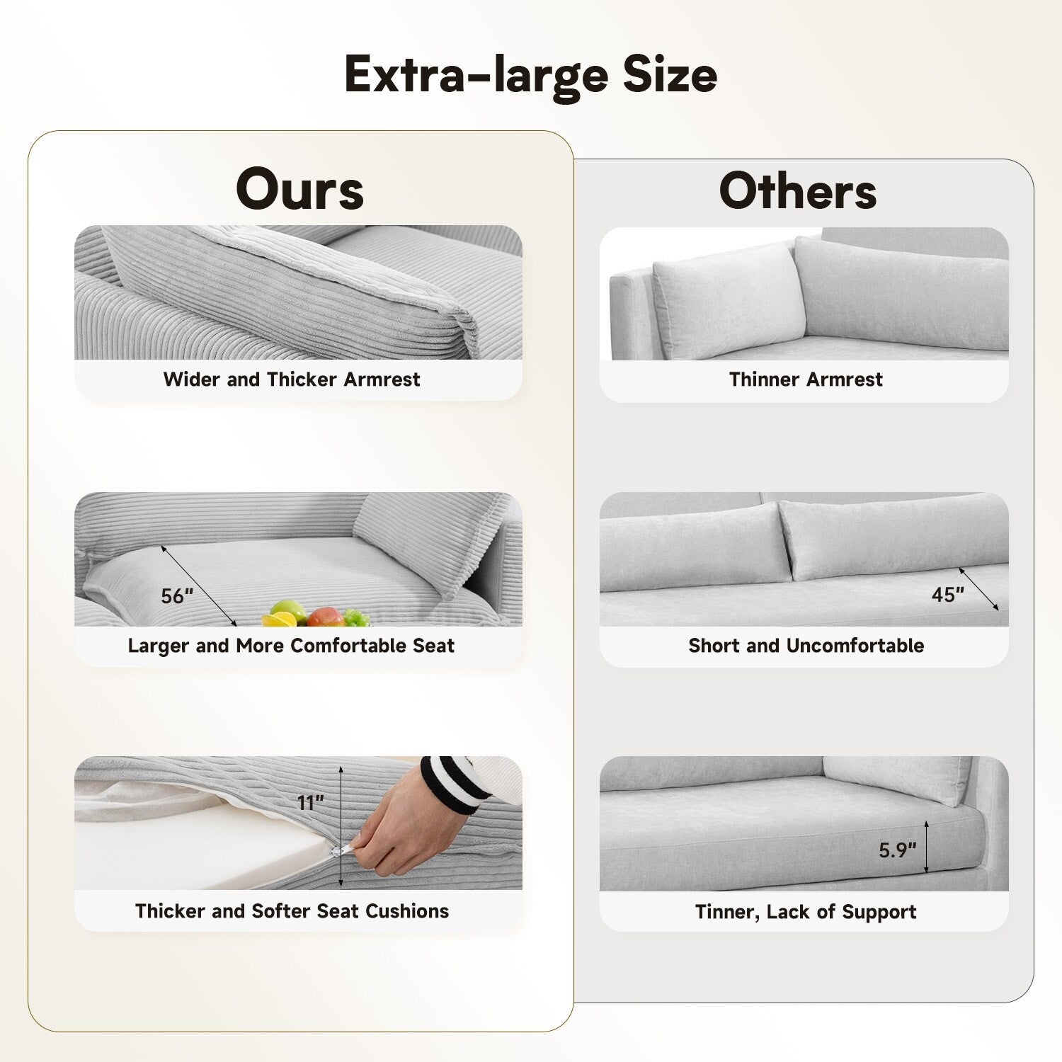 Canapé sectionnel en velours côtelé avec poufs amovibles et coussins ultra-doux pour salon et chambre