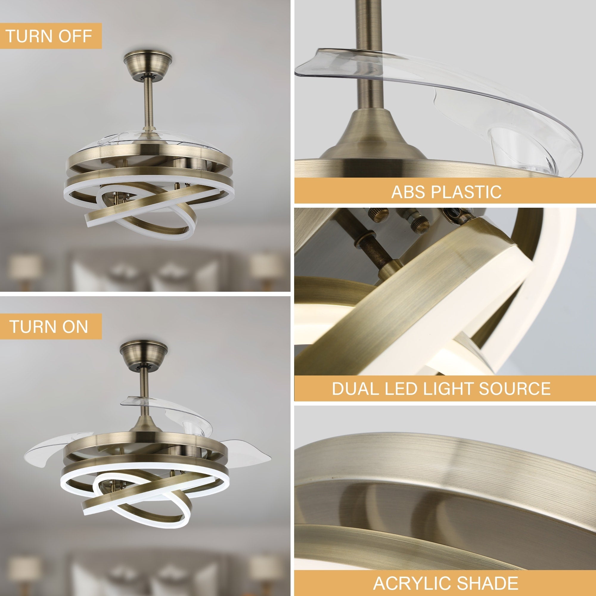 Ventilateur de plafond rétractable Cusp Barn 42 avec lumières et télécommande DIY Forme Fandelier Moderne Silencieux Moteur CC Plafonnier LED