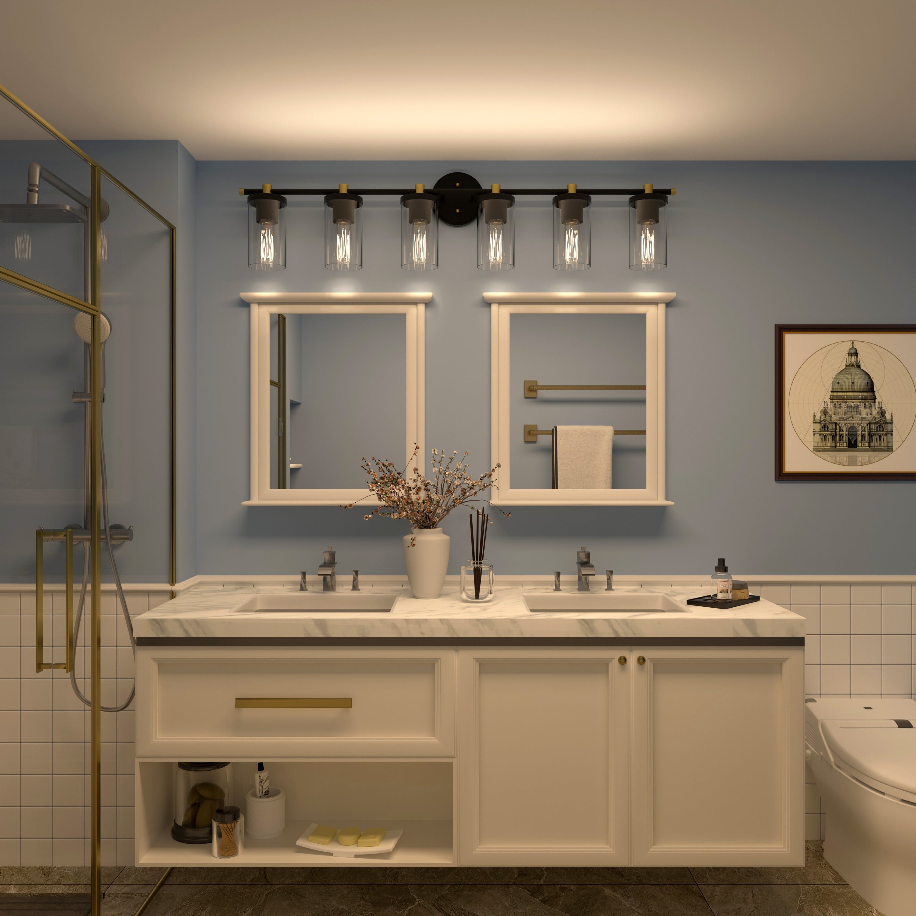 Applique murale de salle de bain Decatur à 6 lumières, style ferme moderne, noir/doré, certifiée UL