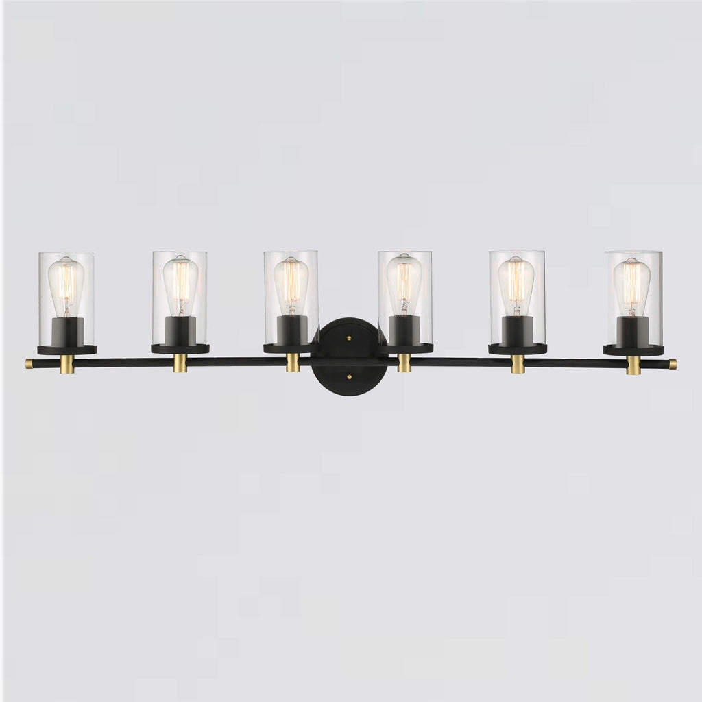 Applique murale de salle de bain Decatur à 6 lumières, style ferme moderne, noir/doré, certifiée UL