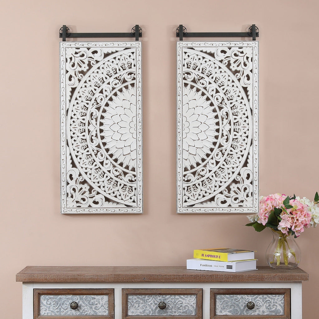 Décoration murale en bois blanc ivoire vieilli avec des accents noirs (lot de 2)