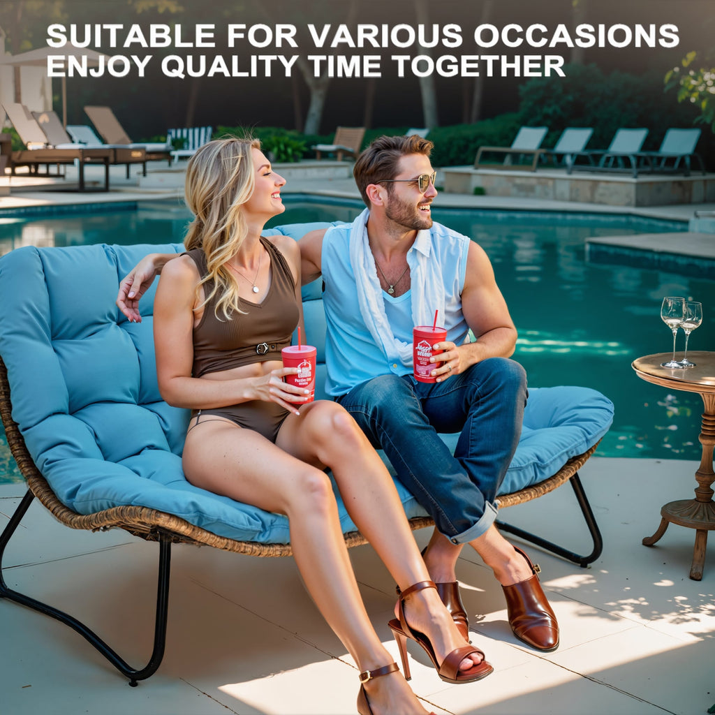 Fauteuil Papasan double avec coussin, rotin PE toutes saisons et cadre en métal pour intérieur et extérieur