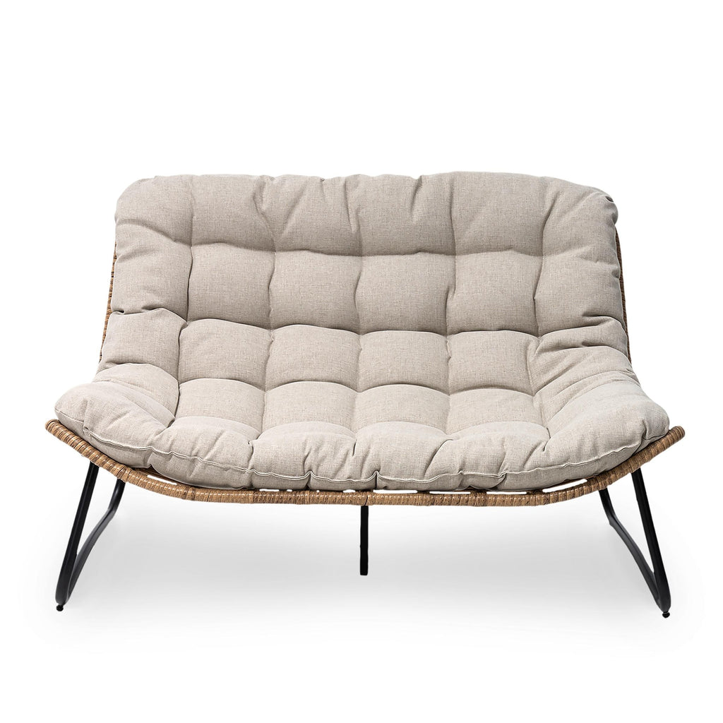Fauteuil Papasan double avec coussin, rotin PE toutes saisons et cadre en métal pour intérieur et extérieur