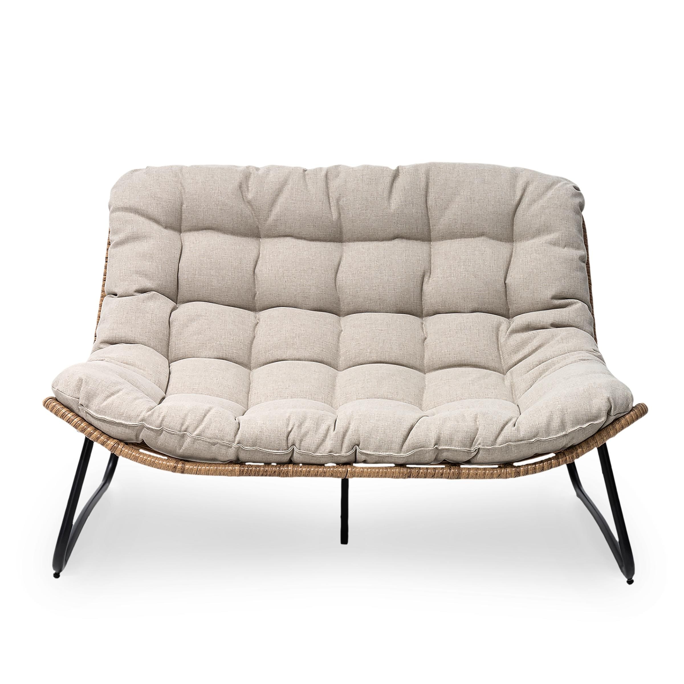 Fauteuil Papasan double avec coussin, rotin PE toutes saisons et cadre en métal pour intérieur et extérieur