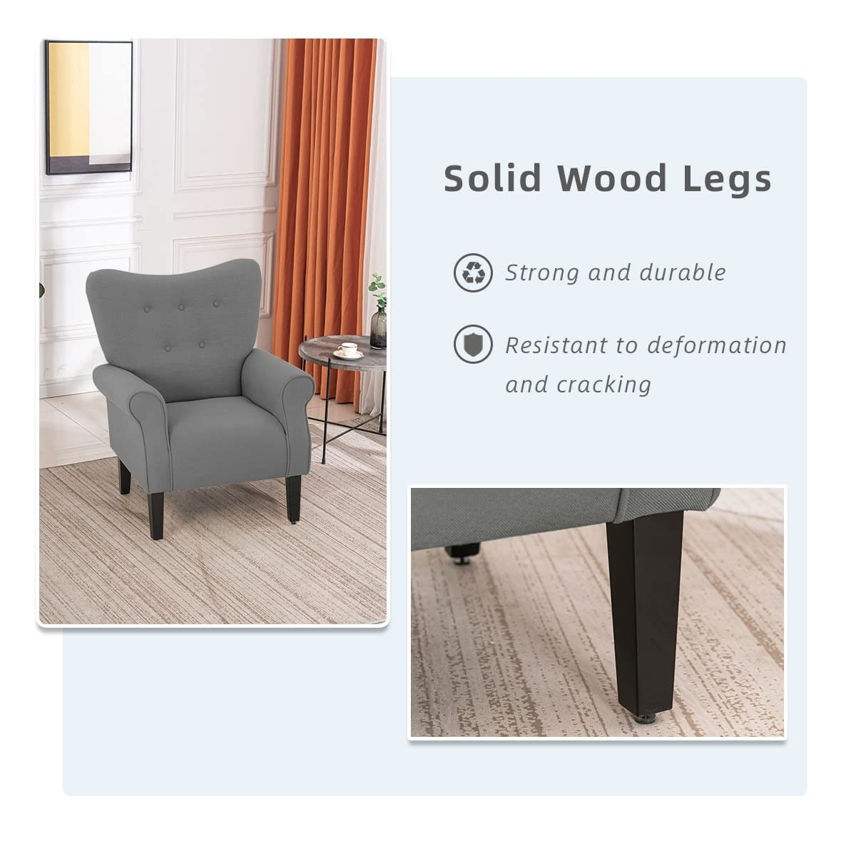 Fauteuil d'appoint moderne Erommy, fauteuil à dossier haut, canapé simple en tissu rembourré avec pieds en bois pour le salon