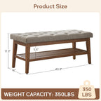 Banc à chaussures d'entrée, banc de rangement en tissu et bois massif, banc rembourré de 43 pouces pour salon et chambres