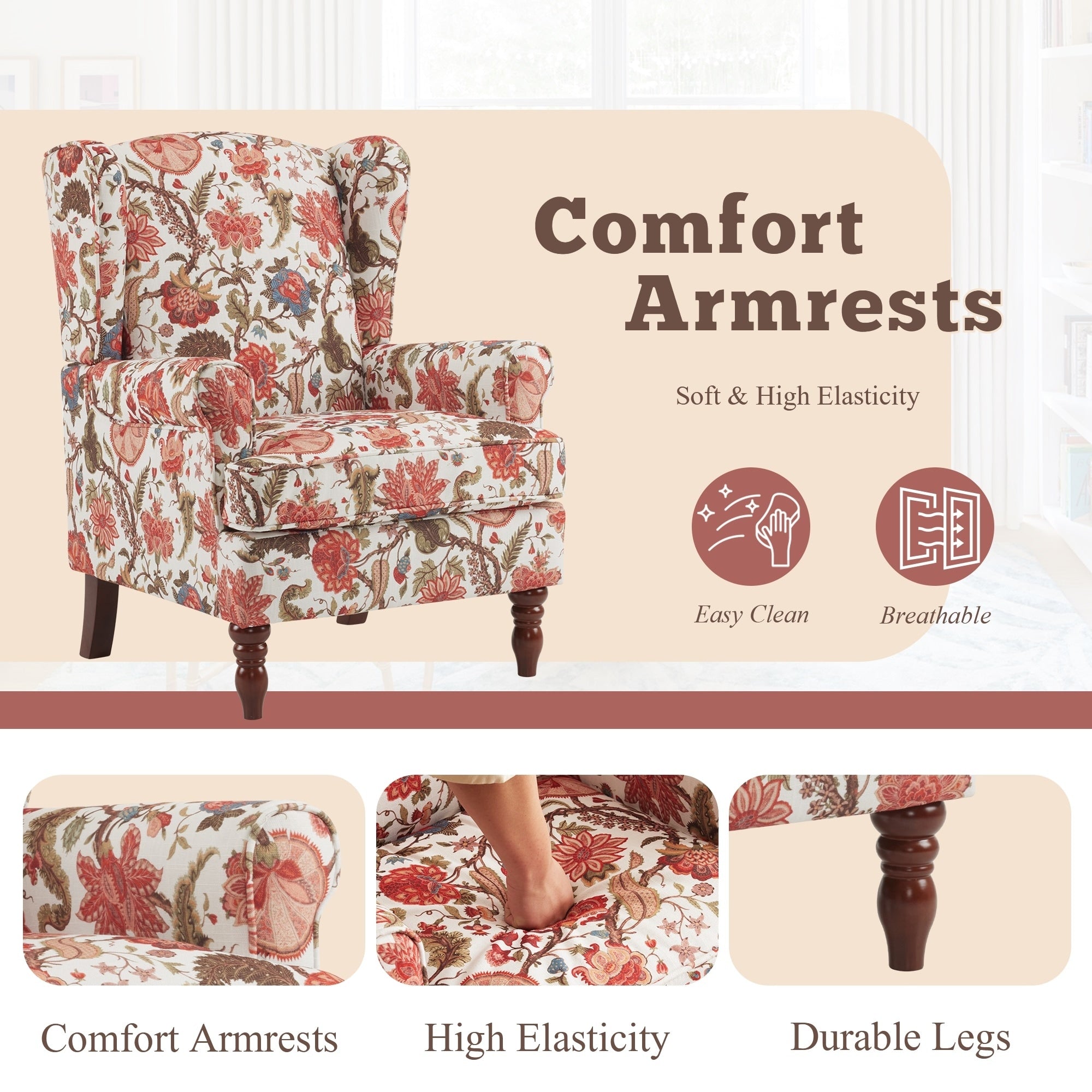 Fauteuil d'appoint moderne Erommy, fauteuil à dossier haut, canapé simple en tissu rembourré avec pieds en bois pour le salon