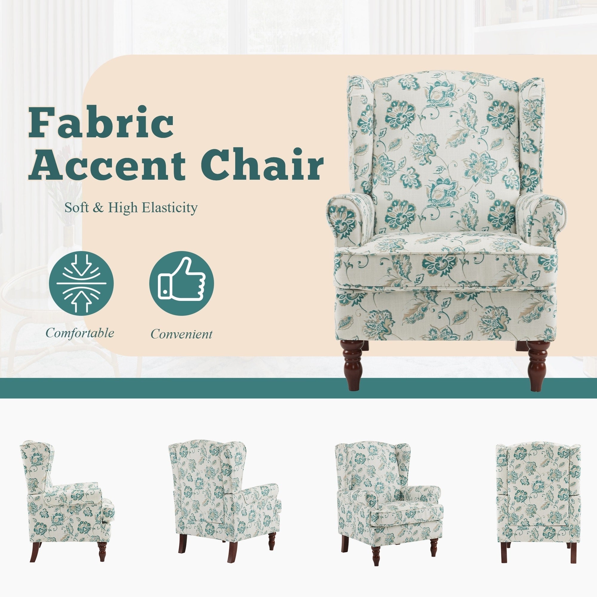 Fauteuil d'appoint moderne Erommy, fauteuil à dossier haut, canapé simple en tissu rembourré avec pieds en bois pour le salon