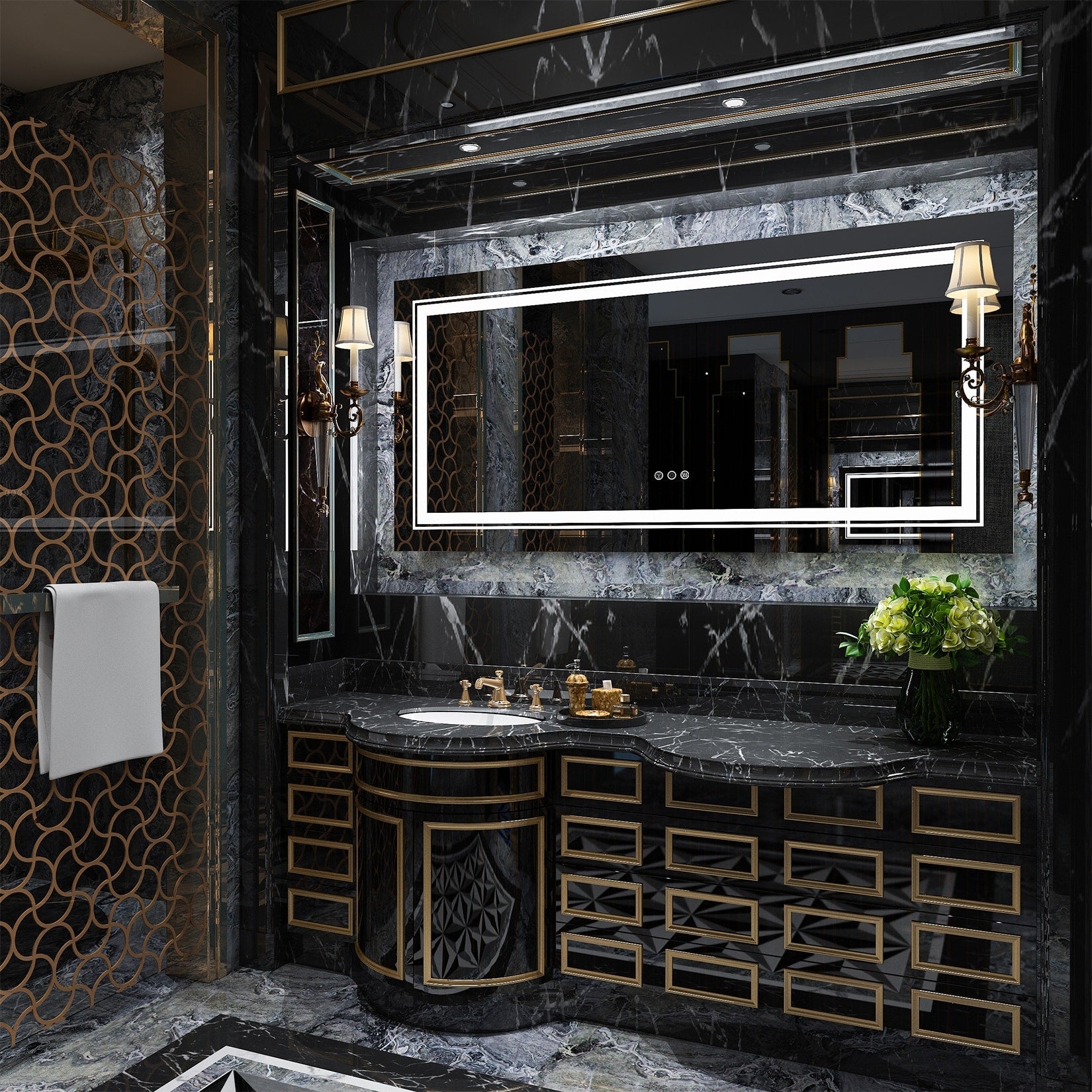 Miroir de salle de bain extra large avec éclairage LED, antibuée, 3 couleurs