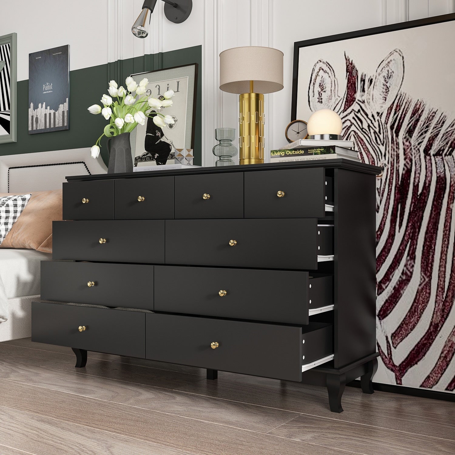 Commode double à 10 tiroirs pour chambre à coucher, commode blanche, grand espace de rangement