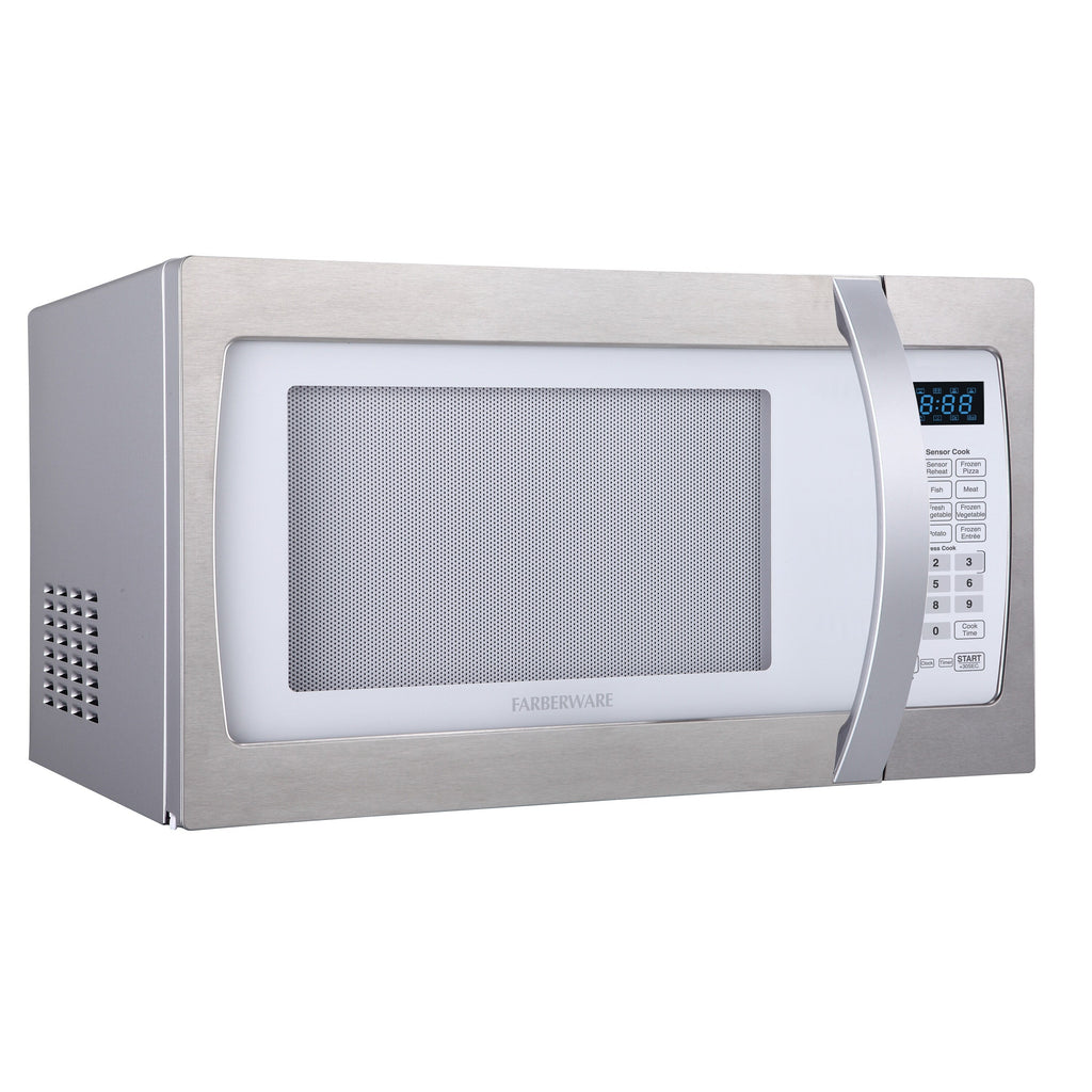 Four à micro-ondes Farberware Professional de 1,3 pi³ et 1 100 W avec cuisson par capteur intelligent, blanc et platine