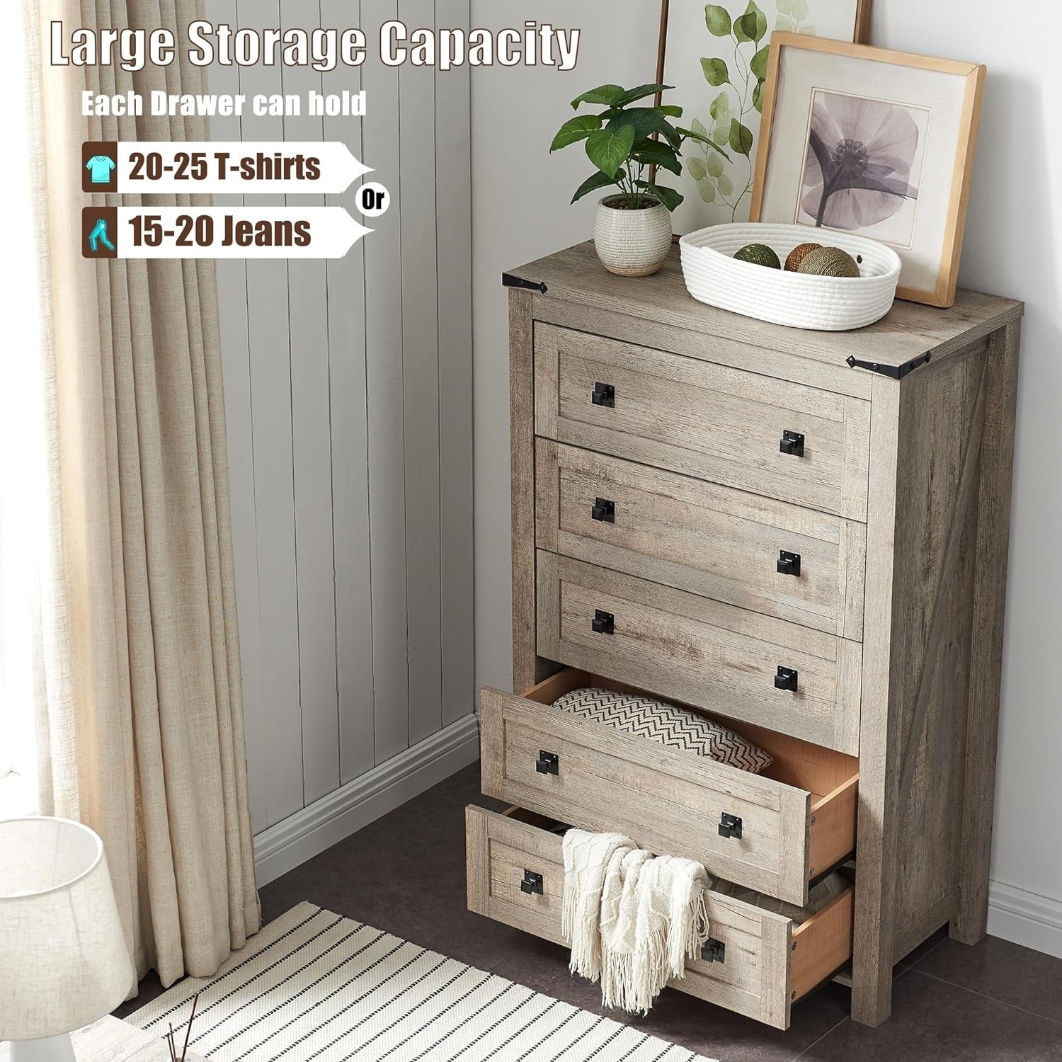 Commode haute en bois à 5 tiroirs de style ferme, commode pour chambre à coucher